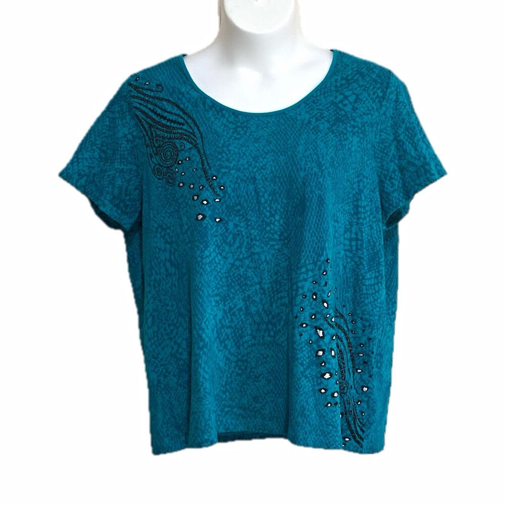 Liz & Me Sport Top Womens 2X Teal Green Animal Print Stretch Knit Tee Short Sle